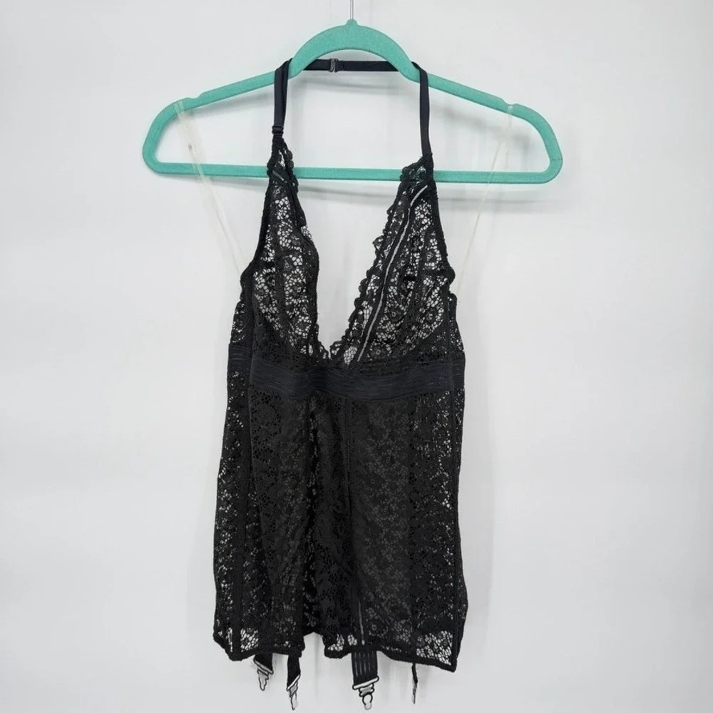Victorias‎ Secret NWT Lace Garter Chemise Black Halter Lingerie Slip Size MD